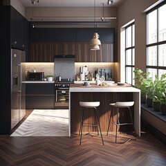 3d rendering modern dark wood kitchen Generative AI