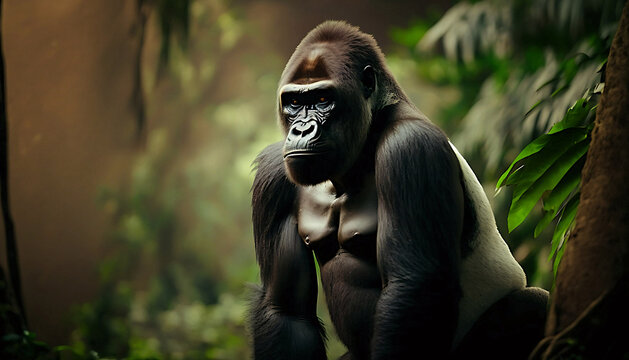 White back gorilla photo with blurry jungle background