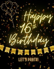 HAPPY 16TH BIRTHDAY Black gold golden card invitation for celebration. Premium, luxury, design, unique. Let's Party! 