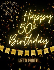 HAPPY 50TH BIRTHDAY Black gold golden card invitation for celebration. Premium, luxury, design, unique. Let's Party! 