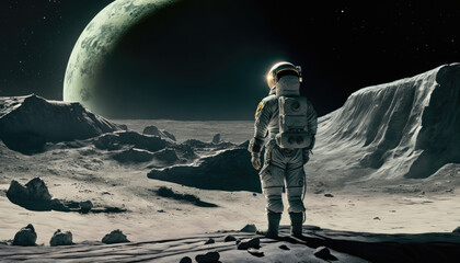Fototapeta na wymiar Astronaut Contemplates Mysterious Glowing Planet on Desolate Moon