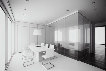 A minimalist office with a glass conference room and sleek white furniture. Generative AI