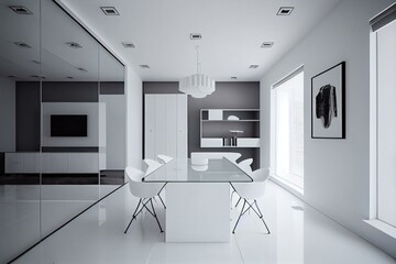 A minimalist office with a glass conference room and sleek white furniture. Generative AI