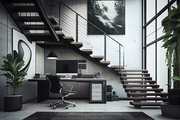 A minimalist office with a floating staircase and industrial accents. Generative AI