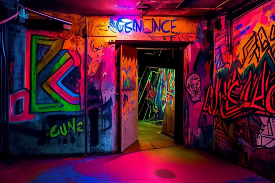 An underground club with a graffiti-covered entrance and vibrant colors. Generative AI