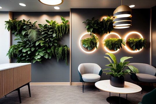 A modern reception area with a living plant wall and unique lighting fixtures. Generative AI