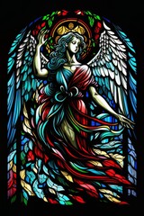 Obraz premium Beautiful Digital Illustration of an Abstract Stained Glass Window, Colorful, with an Angel Design. Made in part with generative AI. 