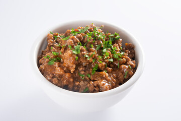 Savory Seasoned Ground Beef in a Bowl, isolated, white background
