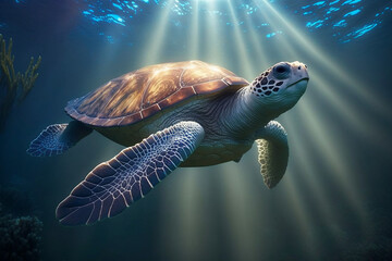 Generated Ai of a sea turtle swimming in the deep blue sea