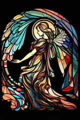 Beautiful Digital Illustration of an Abstract Stained Glass Window, Colorful, with an Angel Design. Made in part with generative AI.
