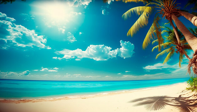 background of a beautiful beach with a palm tree, blue sky and white sand on a sunny day. Generative AI