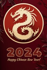 Happy Chinese New Year 2024, year of Wooden Dragon, Ai generative dragon circular medallion in red and gold
