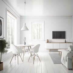 Mid-century interior with white decor, light and airy, living room AI generative