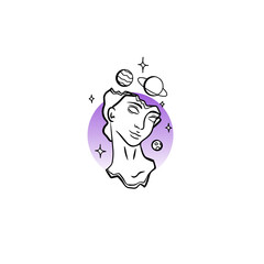 greek bust statue cracked head space and planets around head logo idea roman art aesthetics  