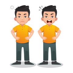 cute little kid boy stand and show angry pose expression