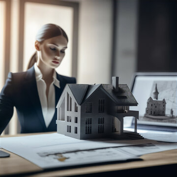 Female architect looking at 3d model of a house in her office. Generative AI.