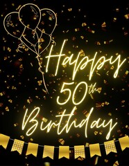HAPPY 50TH BIRTHDAY Black gold golden card invitation for celebration. Premium, luxury, design, unique.
