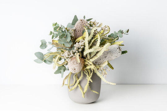 Beautiful dried flower arrangement of Australian native dried banksia, eucalyptus leaves and delicate white flowers, in a grey vase on a table with a white background.