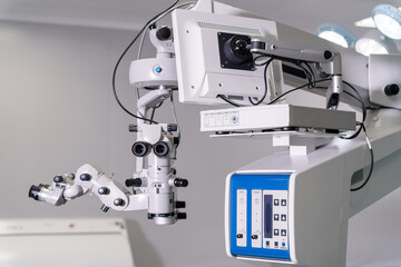 Surgical microscope in an ophthalmological clinic. Microsurgical optical equipment