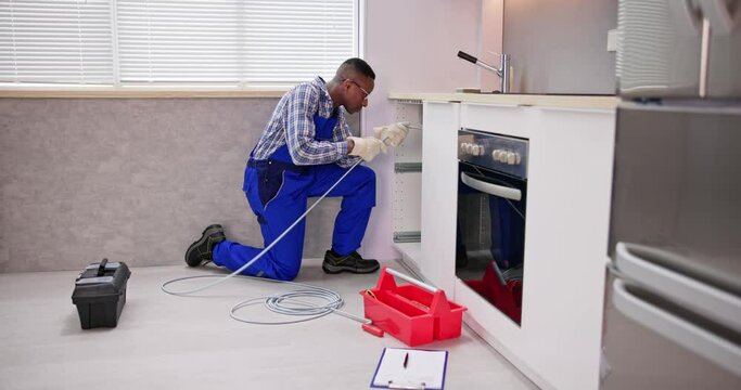 Young Male Plumber Cleaning Clogged Sink Pipe