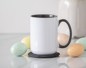 Blank black handle mug mockup photo, black rim mug on the table 
