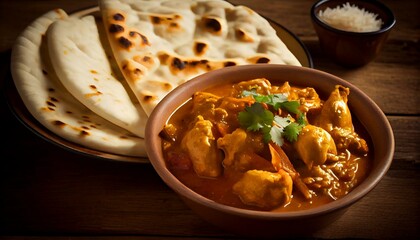 A bowl of spicy chicken curry with rice and naan bread Generative AI - obrazy, fototapety, plakaty