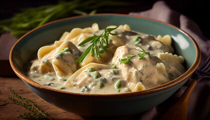 A bowl of creamy chicken and dumplings with fresh herbs Generative AI
