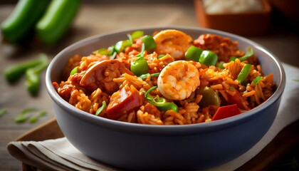 A bowl of spicy jambalaya with andouille sausage and shrimp Generative AI
