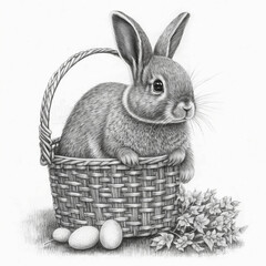 Fototapeta premium Rabbit in a basket with eggs, bunny, easter, made with generative AI