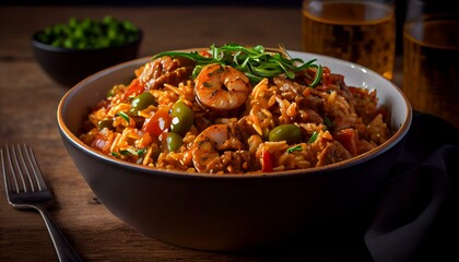 A bowl of spicy jambalaya with andouille sausage and shrimp Generative AI