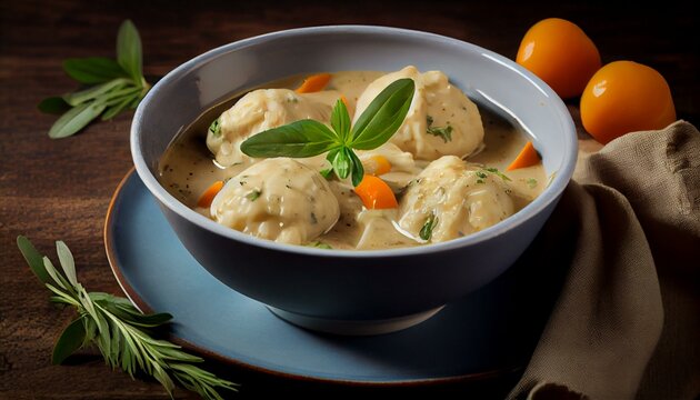 A Bowl Of Comforting Chicken And Dumplings With Fresh Herbs Generative AI