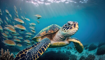 Obraz na płótnie Canvas Underwater wild turtle swimming in the ocean against the background of a flock of fish