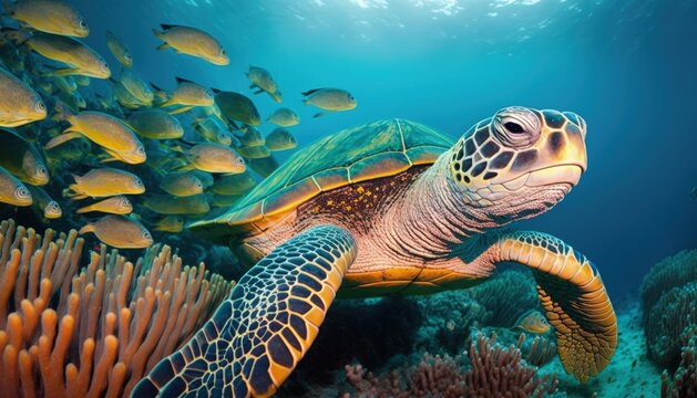 Underwater wild turtle swimming in the ocean against the background of a flock of fish