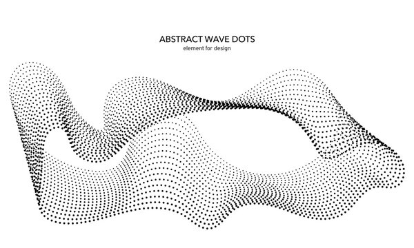 Abstract wave dotted element for design. Stylized line with dot on art background. Waves range with lines dots. Digital frequency track equalizer. Curved smooth wavy string. Vector illustration.