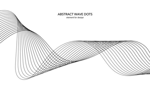 Abstract wave dotted element for design. Stylized line with dot on art background. Waves range with lines dots. Digital frequency track equalizer. Curved smooth wavy string. Vector illustration.