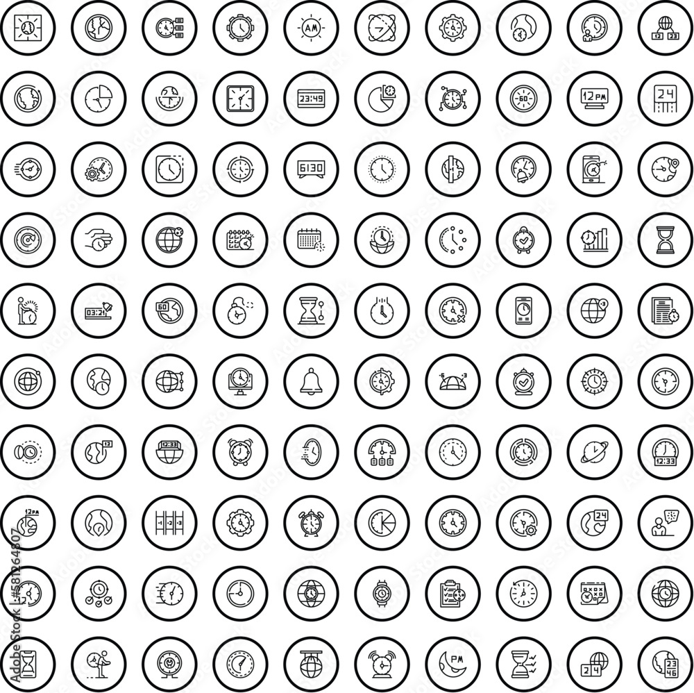 Poster 100 clock icons set. outline illustration of 100 clock icons vector set isolated on white background