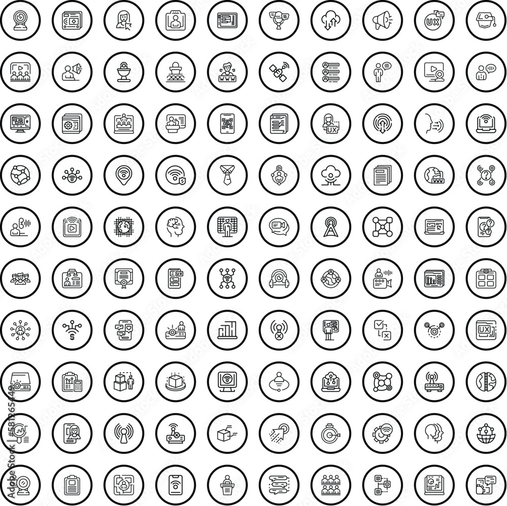 Poster 100 communication icons set. outline illustration of 100 communication icons vector set isolated on 
