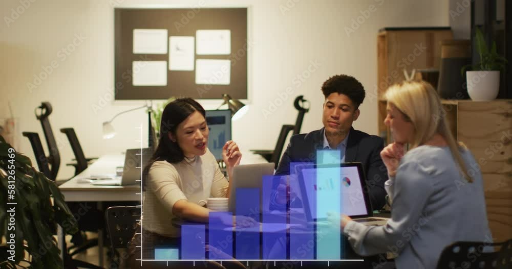 Poster animation of financial data processing over diverse business people working in office