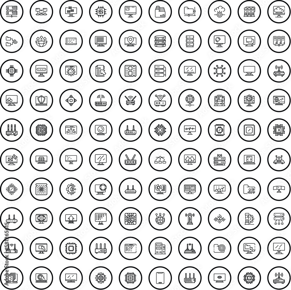 Poster 100 computer icons set. outline illustration of 100 computer icons vector set isolated on white back