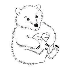 A cute little bear sits and holds a beach ball. Drawing line art illustration.