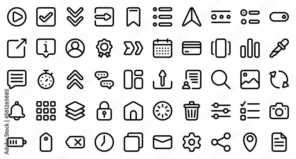 Poster basic user interface essential set. set line outline icons. user interface symbols. vector illustrat