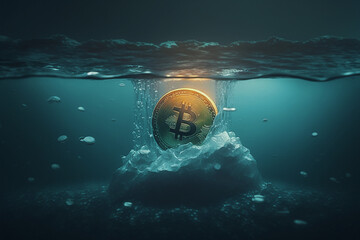bitcoin cryptocurrency crisis and value drop concept. coin fall and sink under the water. generative AI