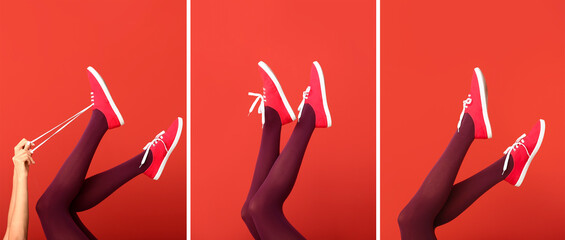 Collage of young woman's legs in tights and gumshoes on red background - obrazy, fototapety, plakaty