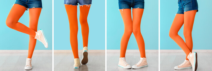 Collage of young woman's legs in orange tights and gumshoes near light blue wall