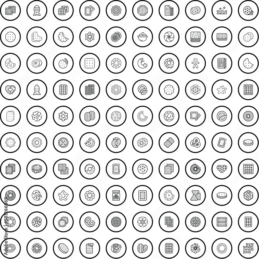 Poster 100 cookie icons set. outline illustration of 100 cookie icons vector set isolated on white backgrou