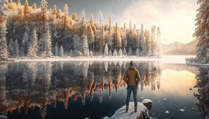 Rear view of man looking on a frozen lake surrounded by forest in snow created with generative AI technology