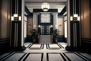 Fototapeta premium Ornate foyer of an art deco geometric style building from 1920's. Generative AI.