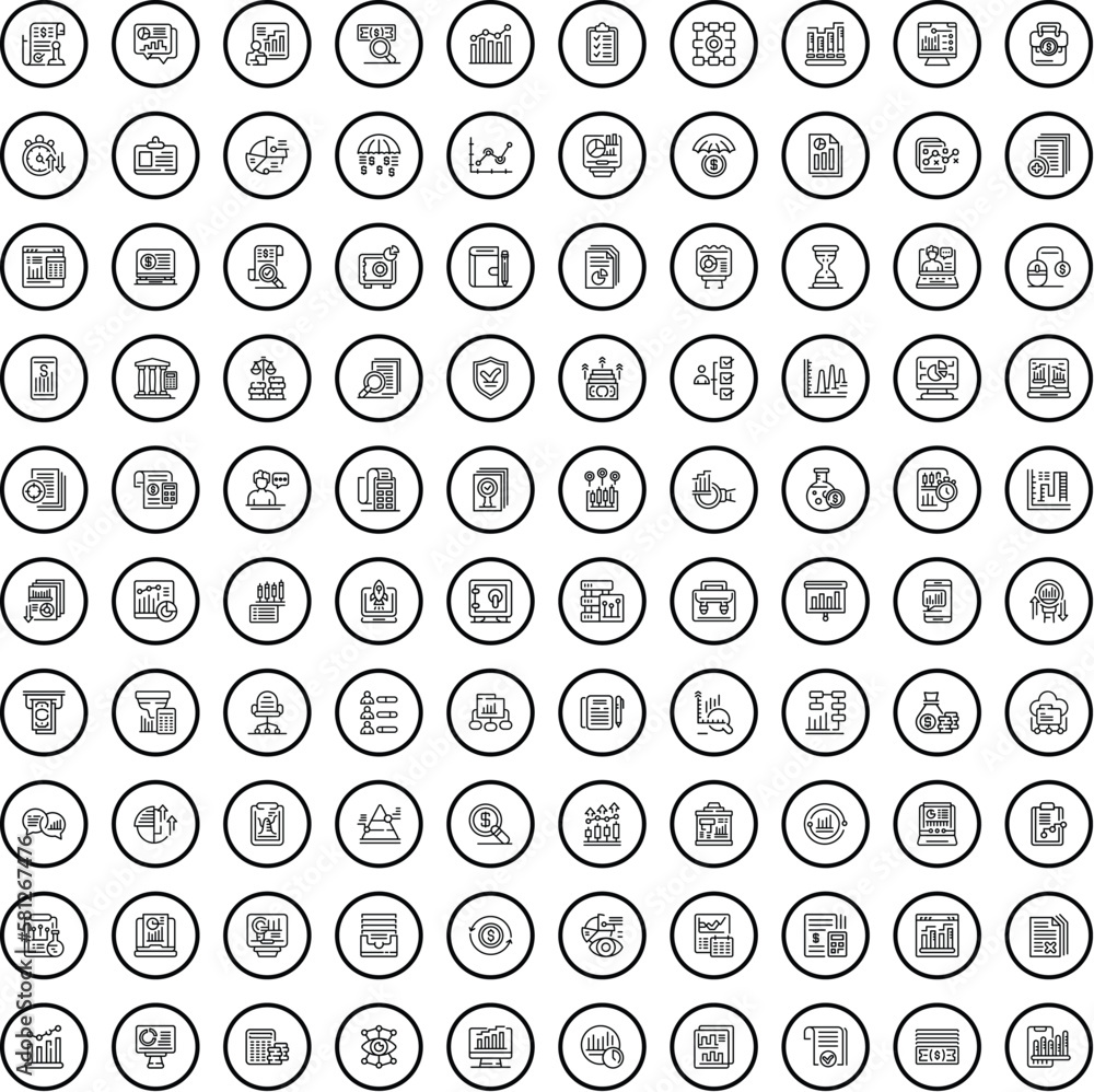 Poster 100 data analysis icons set. outline illustration of 100 data analysis icons vector set isolated on 