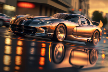 Photorealistic ai artwork concept of a stylish muscle car driving fast on reflective, modern roads and streets. Generative ai.