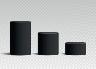 Set of black circle base podium. Podium stand isolated on transparent background. Stage empty for product presentation, advertising, show, contest. Realistic vector illustration.